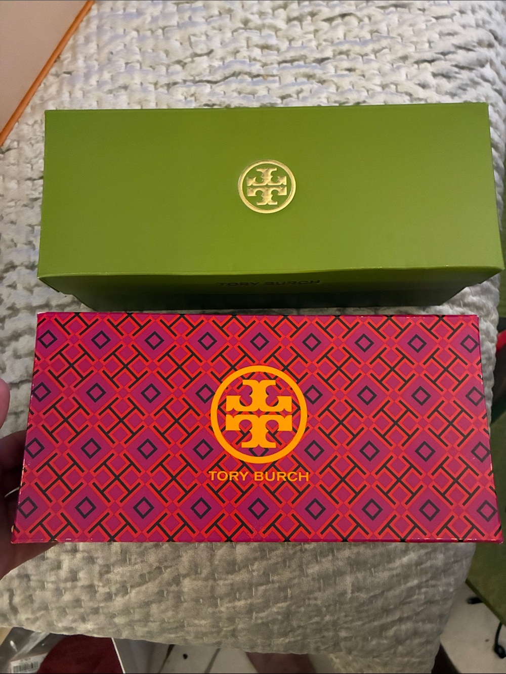 Tory Burch Green and Pink-Red Patterned Shoe Box(LOT of 2)
